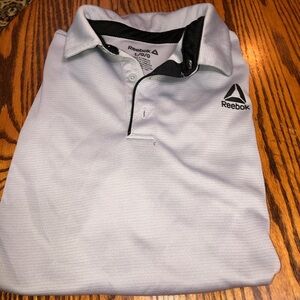 REEBOK SIZE LARGE MENS GRAY AND NAVY BLUE SHORT SLEEVE POLO